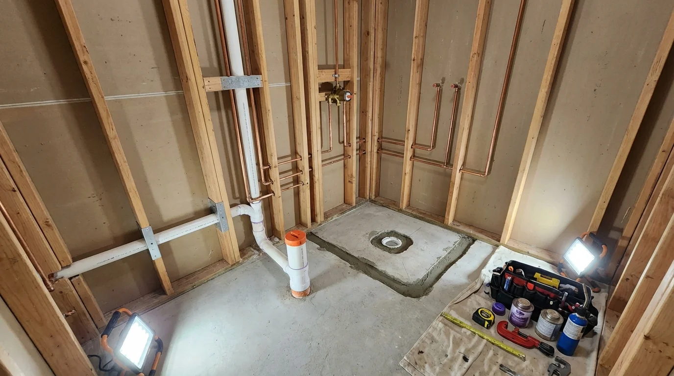 Bathroom rough-in plumbing during remodel by Johns Plumbing LLC in Industry