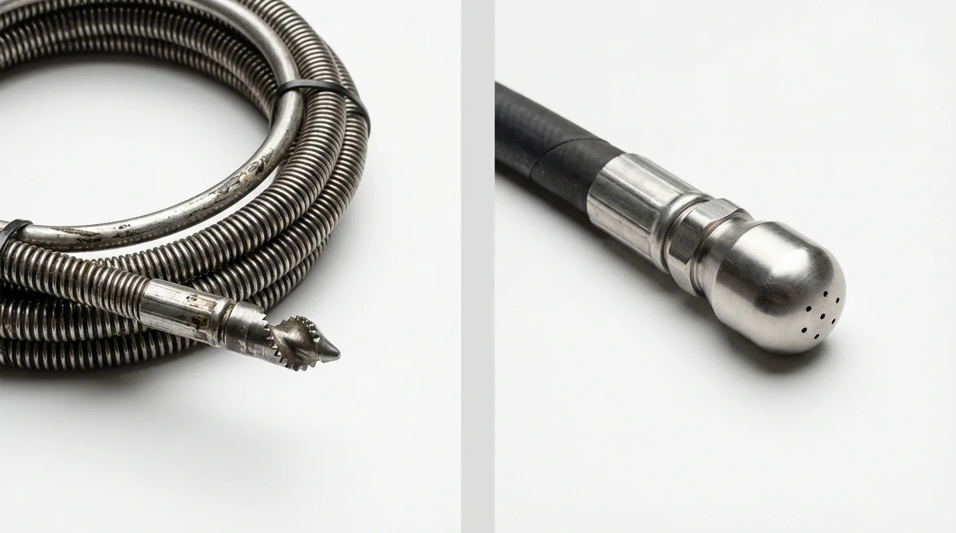 Drain snake cable and hydro jetting nozzle used for drain cleaning in Industry, PA