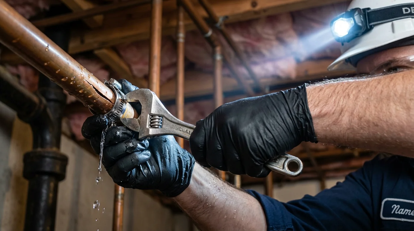 Emergency pipe clamp repair being performed by a Johns Plumbing LLC plumber in Industry