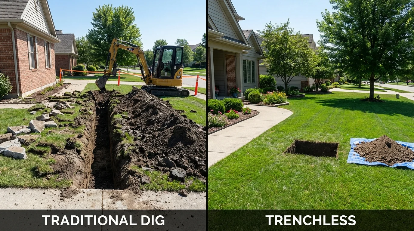 Trenchless sewer repair with minimal yard damage versus traditional excavation in Industry, PA