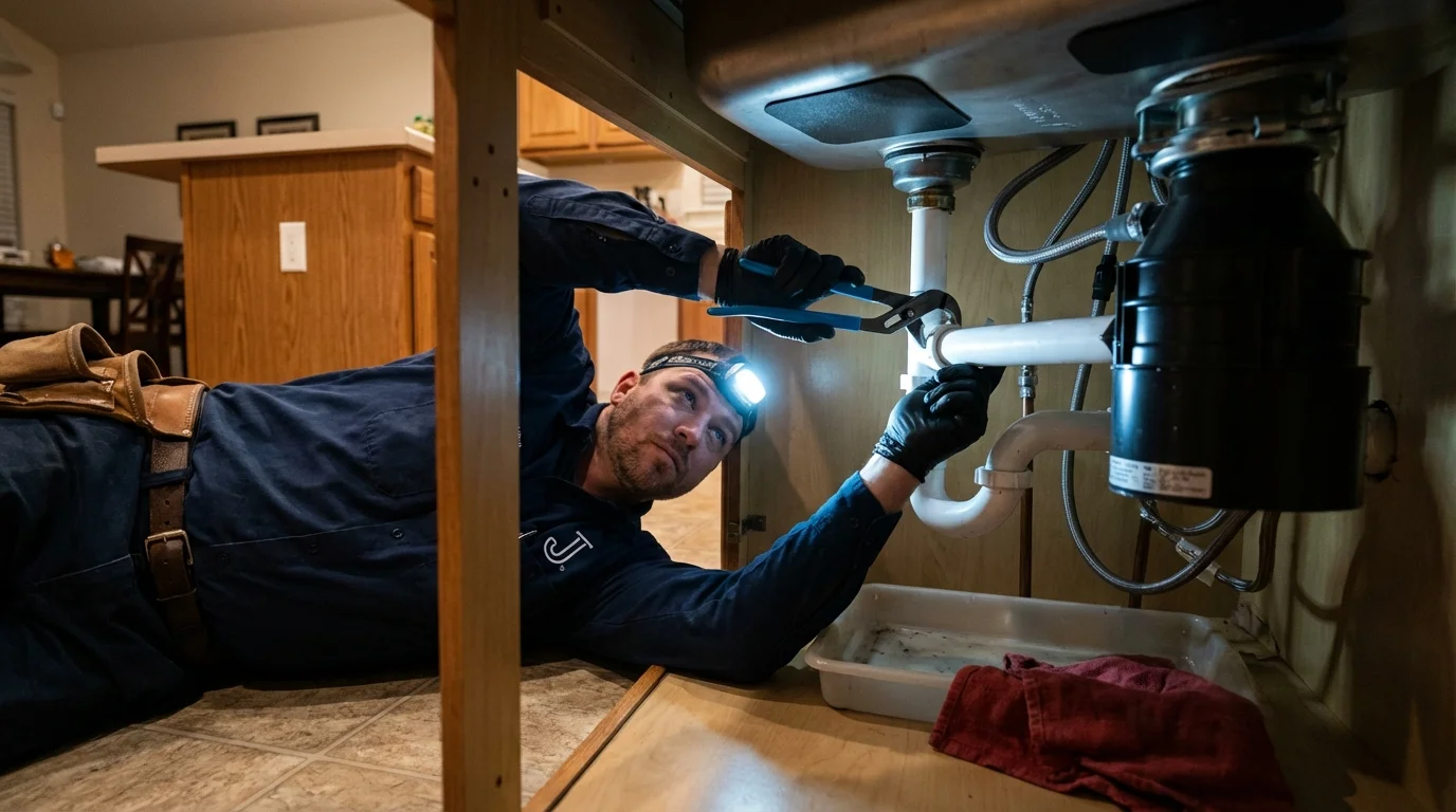 P-trap and supply line connections under a kitchen sink showing a common leak point in Industry, PA